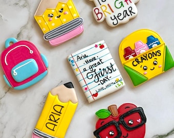Back to School Cookies Organic Royal Icing Sugar Cookies Cartoon for Kids Set 12 24 48 Party Fun Natural Pencil Notebook Classroom Theme