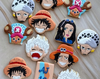 Aangepaste koekjes uit één stuk – anime-suikerkoekjes met naam en leeftijd – biologische, natuurlijke feestartikelen voor kinderen of volwassenen – Luffy, Chopper, Ace