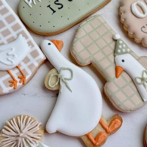 Custom first birthday sugar cookies with hand-decorated geese, party hats, balloons, “Parkery Ryan is One,” "custom name" “Silly Goose,” and number 1 designs in soft sage green, beige, white, and peach tones — perfect for a goose-themed birthday party or personalized baby celebration.