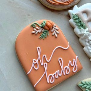 Assorted boho pumpkin baby shower sugar cookies decorated with pumpkins, baby onesie, baby bottle, rainbow, baby feet, “Little Pumpkin,” “Oh Baby,” “Baby Girl,” and “BABY” plaque in soft blush, sage, ivory, and pumpkin orange.