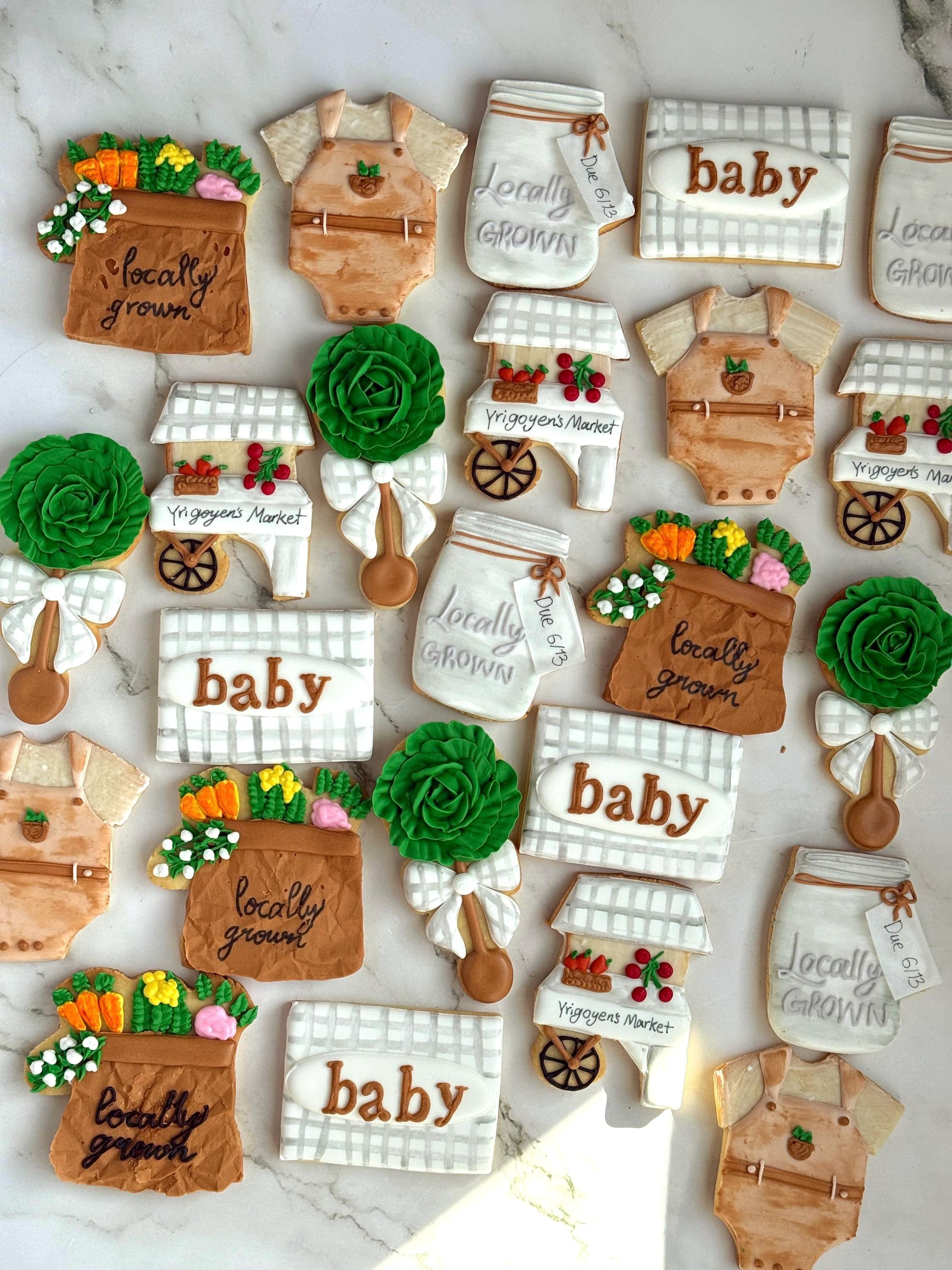 Koekjes voor de vervaldatum van de boerenmarkt - aangepaste "groeiende" babyshowerkoekjes, biologisch natuurlijk, met de hand gedecoreerd lokaal geteelde koekjes Bulkcadeau-evenement