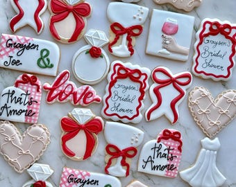 Romance Bridal Shower Cookies Red Italian Euro Theme – Custom Engagement, Wedding Favors & Anniversary Treats