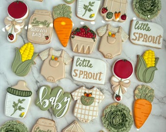 Cute Garden Baby Shower Cookies – Locally Grown Theme with Carrots, Onesies, Bottles & More | Custom Decorated Sugar Cookies Bulk