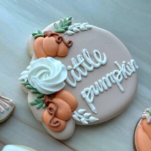 Assorted boho pumpkin baby shower sugar cookies decorated with pumpkins, baby onesie, baby bottle, rainbow, baby feet, “Little Pumpkin,” “Oh Baby,” “Baby Girl,” and “BABY” plaque in soft blush, sage, ivory, and pumpkin orange.