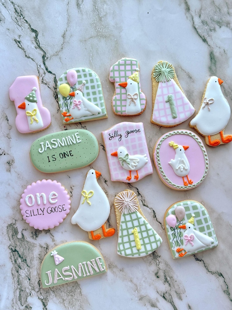 One 1 Silly Goose Birthday / Baby Shower Cookies Neutral Boy and Girl Gender Themes Organic & Natural Royal Icing Girl Theme
