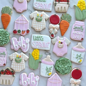 Cute Garden Baby Shower Cookies – Locally Grown Theme with Carrots, Onesies, Bottles & More | Custom Decorated Sugar Cookies Bulk Girl Theme