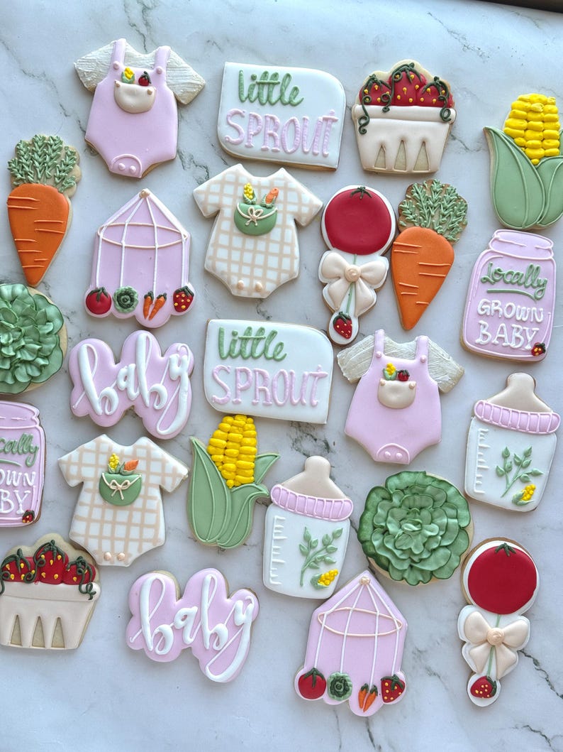 Cute Garden Baby Shower Cookies – Locally Grown Theme with Carrots, Onesies, Bottles & More | Custom Decorated Sugar Cookies Bulk Girl Theme