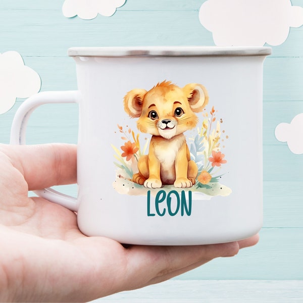 Süße Löwen Emaille Tasse für Kinder | Personalisierbar | Ideal für den Kindergarten | Kinderbecher | Emaille Becher | Löwenbecher