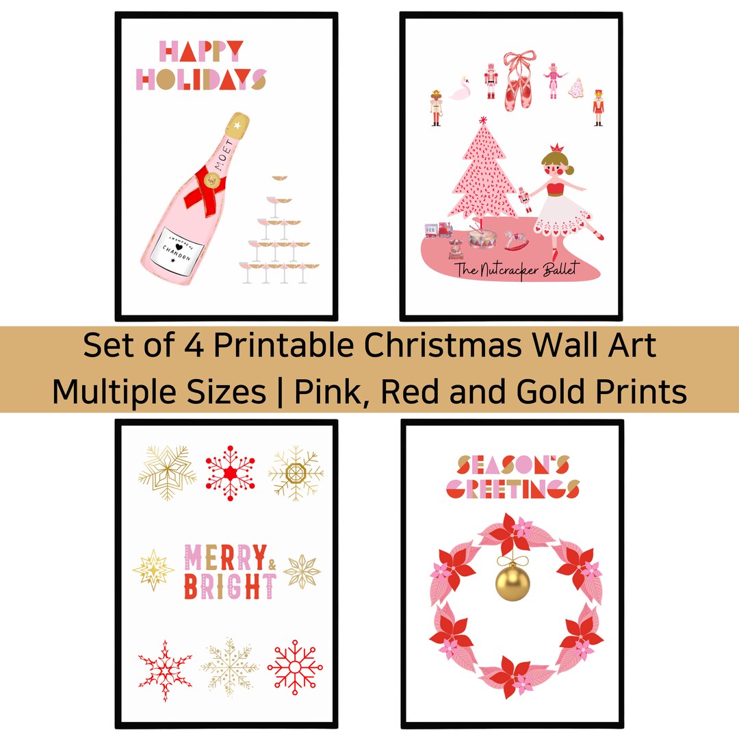 DIGITAL Pink Red Gold Christmas Wall Art Set of 4 Printable Etsy