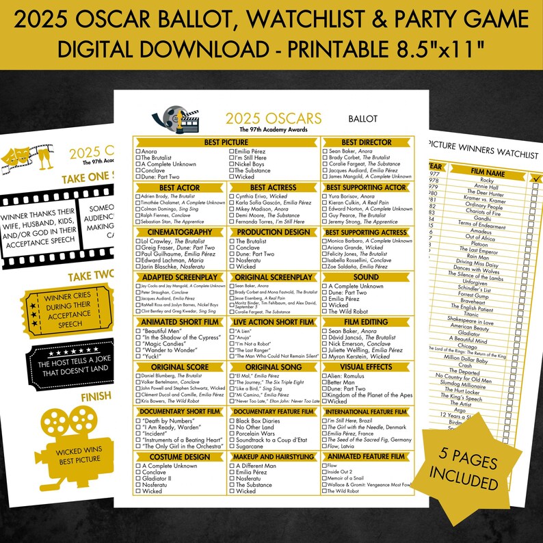 DIGITAL 2025 Oscars Ballot Printable PDF, Oscar Movie Watchlist, Best