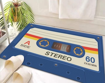 Tapete de porta com estampa de banda clássica dos anos 80 em fita cassete - Resistente a manchas e com base antiderrapante para decoração de casa