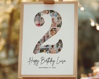 2歳の誕生日の数字コラージュ | パーソナライズされた写真ポスター | Canvaで編集可能な誕生日サイン | 幼児の記念品を印刷