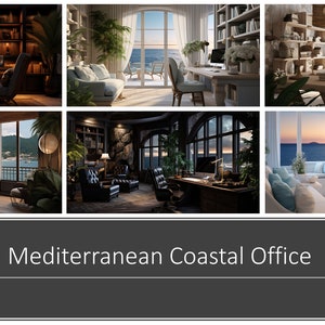 Könnte beinhalten: Eine Collage aus sechs Bildern, die verschiedene Stile von Home Offices mit einem mediterranen Küstenthema zeigen. Jedes Büro verfügt über große Fenster mit Blick auf das Meer, natürliches Licht und eine Mischung aus modernen und traditionellen Möbeln.