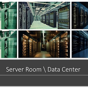 May include: A collage of six images showing the interior of a server room or data centre. The images show rows of servers, cables, and lighting. The text "Server Room / Data Center" is at the bottom of the collage.