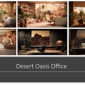 May include: A collage of six interior design images showcasing desert-themed office spaces. Each office features large windows with desert landscape views, natural light, and various furnishings. The text "Desert Oasis Office" is at the bottom.