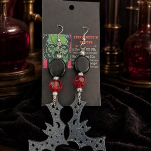 Wooden Carved Bat Earrings, Black and Red Gothic Dangles, Moon and Star Jewelry