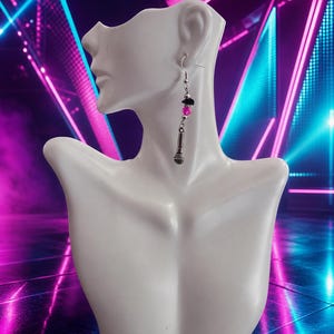 Pink Microphone and Guitar Dangle Earrings, 1980s Glam Rock Jewelry, Music Lover Gift image 3