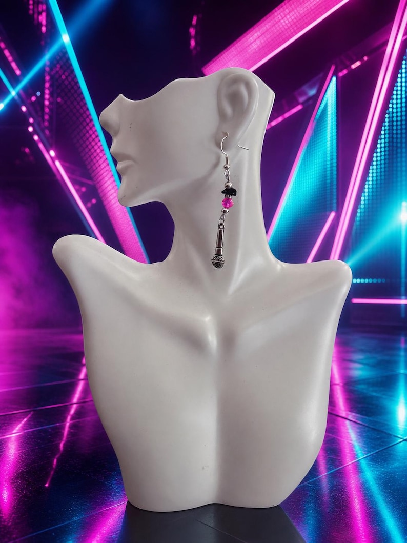 Pink Microphone and Guitar Dangle Earrings, 1980s Glam Rock Jewelry, Music Lover Gift image 3