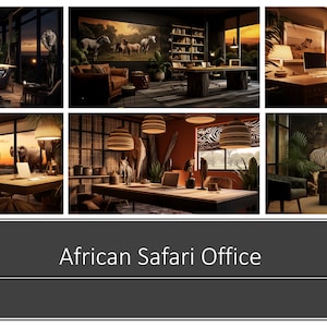 May include: A collage of six images showcasing different office spaces decorated with an African safari theme. The images feature various animal motifs, including zebras, elephants, and giraffes, along with natural elements like wood and plants. The office spaces are well-lit and inviting, with comfortable furniture and stylish decor.