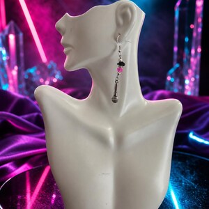 Pink Microphone and Guitar Dangle Earrings, 1980s Glam Rock Jewelry, Music Lover Gift image 4