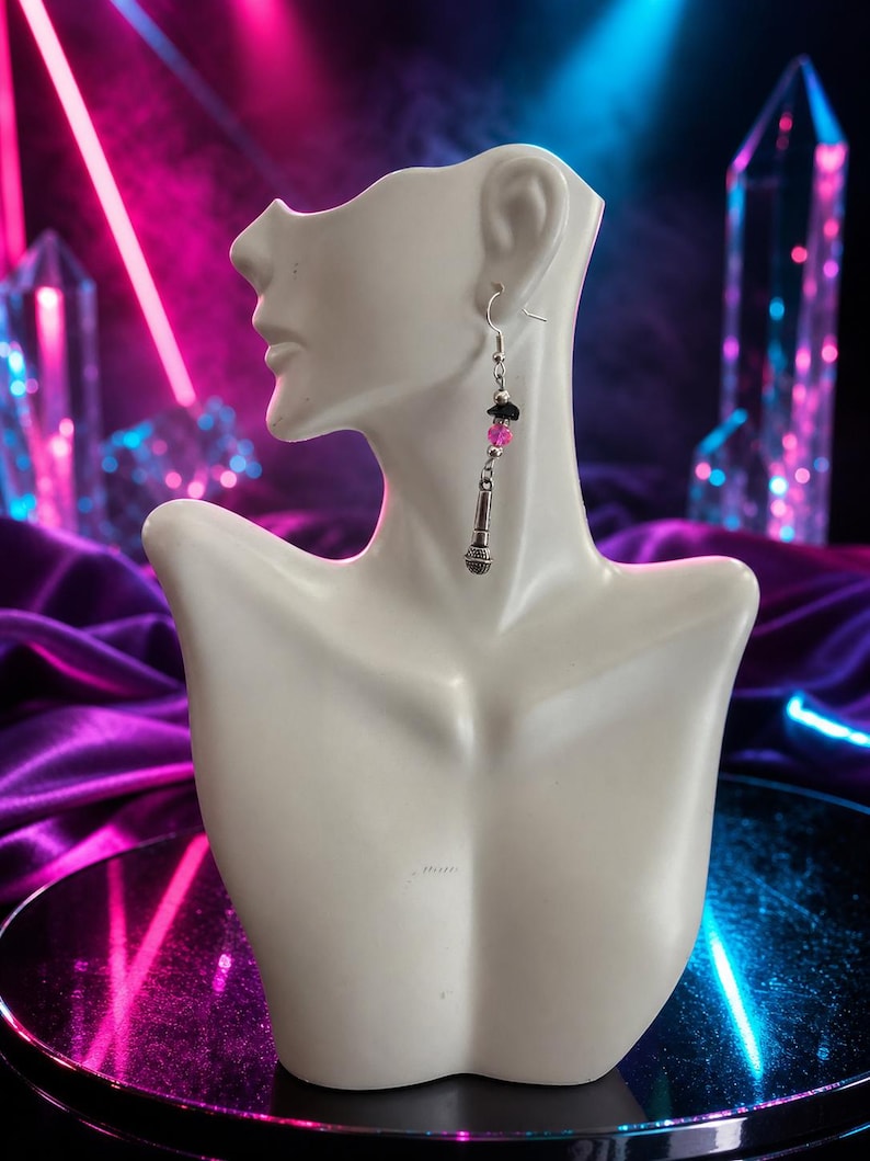Pink Microphone and Guitar Dangle Earrings, 1980s Glam Rock Jewelry, Music Lover Gift image 4