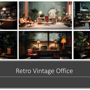 Puede incluir: Un collage de seis imágenes que muestran un espacio de oficina vintage retro con muebles de madera oscura, sillas de cuero y exuberantes plantas verdes. La oficina cuenta con un escritorio grande, estanterías y varias lámparas.
