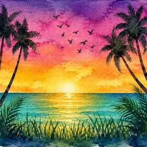 Palm Silhouettes at Sunset Digital Art Download