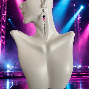 Pink Microphone and Guitar Dangle Earrings, 1980s Glam Rock Jewelry, Music Lover Gift image 1