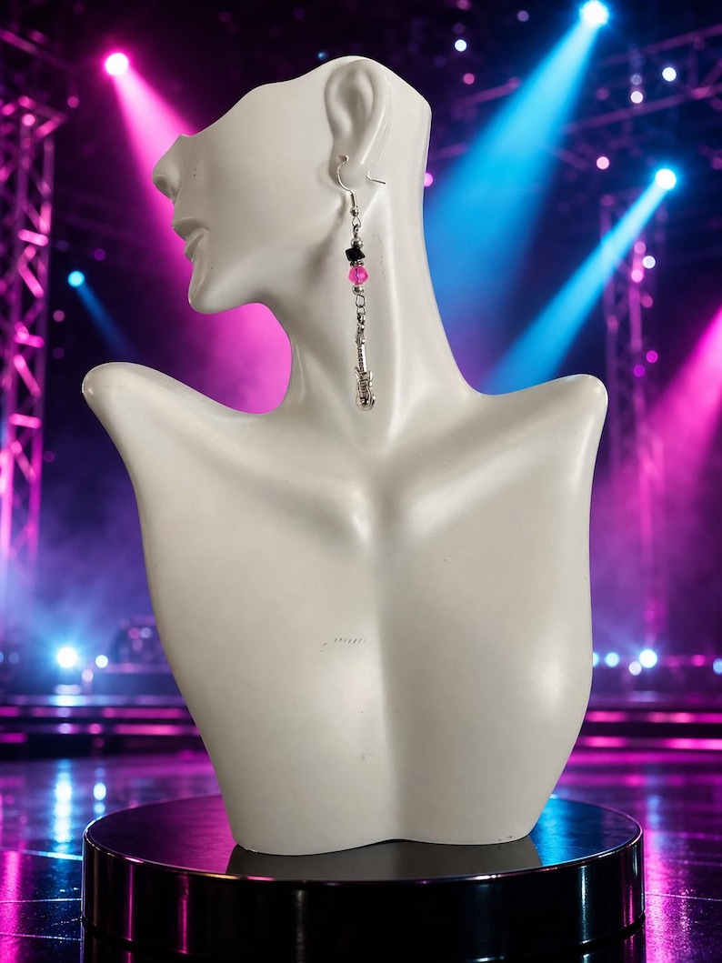Pink Microphone and Guitar Dangle Earrings, 1980s Glam Rock Jewelry, Music Lover Gift image 1