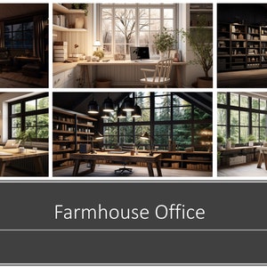 May include: A farmhouse office with large windows, wooden furniture, and multiple light fixtures. The office has a large desk with chairs, bookshelves, and plants.
