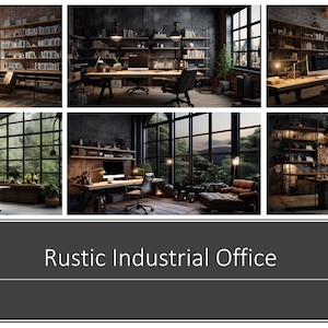 May include: A rustic industrial office space with large windows, exposed brick walls, and wooden furniture. The office features a large desk with a computer, a bookshelf filled with books, and a comfortable lounge area with a couch and chairs.