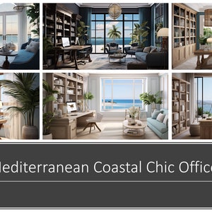 Op de afbeelding: Een kust-chic thuiskantoor met een groot raam met uitzicht op de oceaan. De kamer heeft een houten bureau, een boekenkast en een comfortabele stoel. De muren zijn lichtblauw geverfd en de vloer is van hout. De kamer is versierd met planten en een paar decoratieve items.