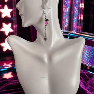Pink Microphone and Guitar Dangle Earrings, 1980s Glam Rock Jewelry, Music Lover Gift image 2