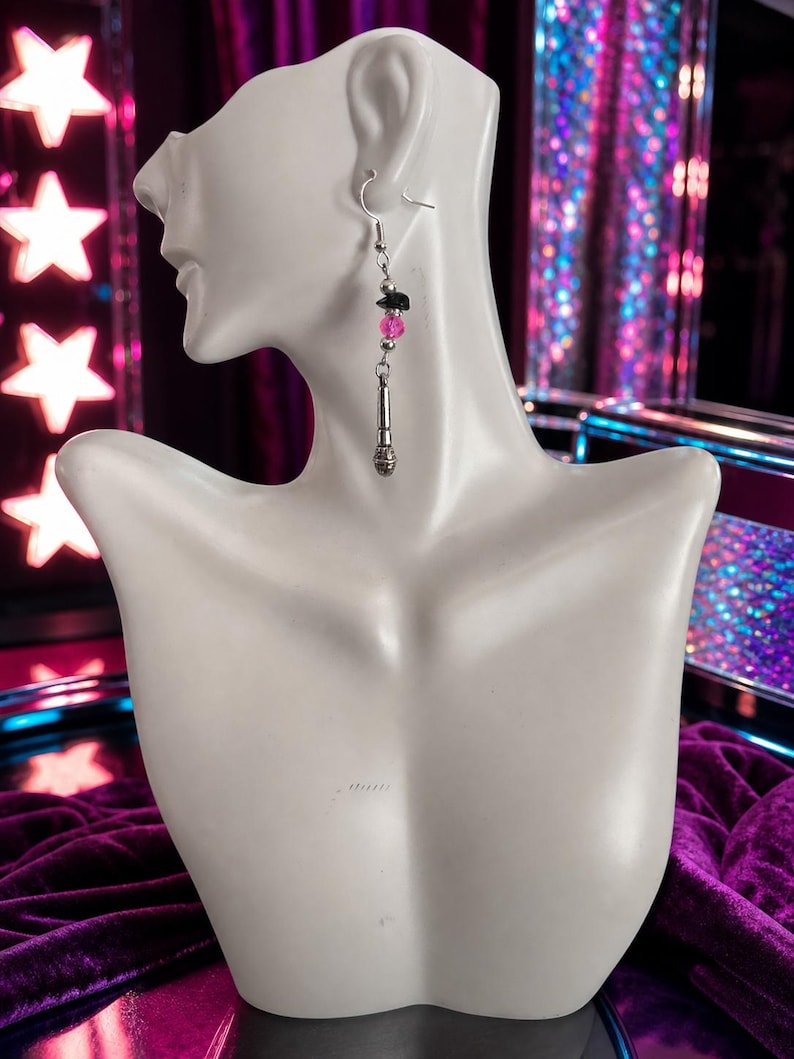 Pink Microphone and Guitar Dangle Earrings, 1980s Glam Rock Jewelry, Music Lover Gift image 2
