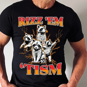 Rizz Em With The Tism Retro Shirt, Vintage Funny Raccoon Graphic Shirt, Autism Awareness, Raccoon Meme Tee, Relaxed Soft Cotton Shirt