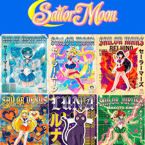 Puede incluir: Un gráfico vibrante con personajes de Sailor Moon. La imagen muestra seis ilustraciones estilizadas de personajes de Sailor Moon, cada uno con atuendos y poses únicos. El título "Sailor Moon" se muestra en una fuente amarilla estilizada en la parte superior.