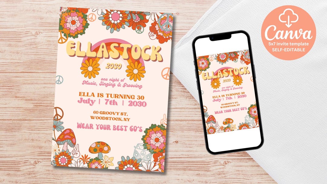 EDITABLE Groovy Invitation Template Woodstock Invite Digital EDITABLE Groovy Invitation Template Woodstock Invite Digital