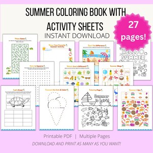 May include: A printable summer coloring book with 27 activity sheets. The cover features a colorful illustration of a beach scene with a sun, palm trees, and a beach umbrella. The title "Summer Coloring Book with Activity Sheets" is written in black text on a white background. The text "27 pages!" is written in white text on a pink circle.