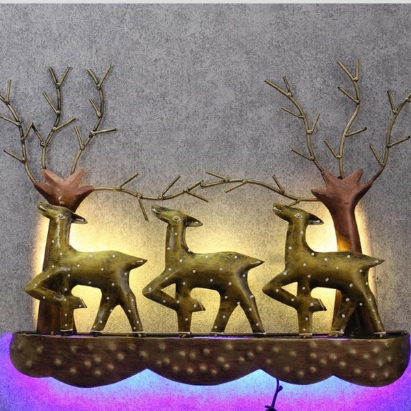 Beautiful three deers on rock with two trees and led backlight metal wall art hand made