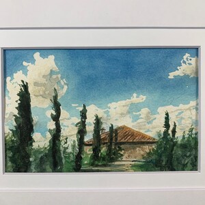 Original small-scale watercolor of Italian house and trees &quot;Tuscan Breeze&quot;