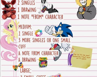 May include: An illustrated guide to a "Character Kandi Care Package", featuring cartoon characters and various items like bracelets and notes. The text on the image reads "Character Kandi Care Package :)". The image is on a lined paper background.