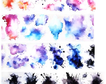 May include: Watercolor washi tape featuring colorful abstract designs. The tape includes various splashes of color, including orange, pink, purple, and blue. The designs are arranged in rows, with each row showcasing different color combinations and patterns.