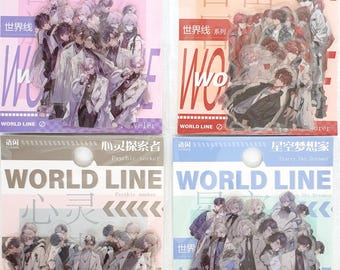May include: Four sticker sheets featuring anime-style illustrations of groups of people. Each sheet has a different theme: Music Traveler, Freedom Adventurer, Psychic Seeker, and Starry Sky Dreamer. The text "WORLD LINE" is prominently displayed on each sheet.