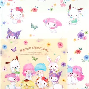 May include: A clear plastic folder with a yellow background featuring Sanrio characters. The characters are surrounded by flowers and butterflies. The text on the folder reads "Sanrio characters Welcome to my garden! Let's have a special and memorable time together."
