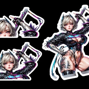 May include: Sticker set with a digital art illustration of a woman with short white hair, dressed in a black and silver outfit with blue and purple details. The stickers have a white border on a black background.