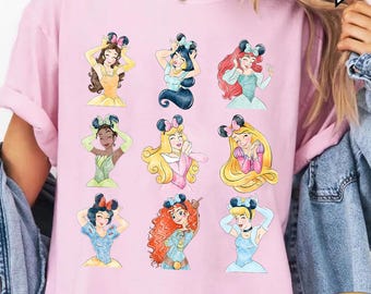 Chemise couleur confort rétro Disney Princesses Minnie Ears, Princesse Belle Tiana Jasmine Ariel Aurora Raiponce Blanc neige Merida Cendrillon