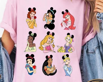 Chemise couleur confort rétro Disney Princesses Minnie Ears, Princesse Belle Tiana Jasmine Ariel Aurora Raiponce Blanc neige Merida Cendrillon