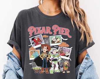 Vintage Disney Pixar Characters Halloween Photos Shirt, Toy Story Skeleton, Cars Mummy, Pixar Pier Tee, Mickey's Not So Scary Party Trip