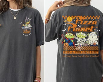 Retro Pizza Planet Halloween 2-Sided Shirt, Halloween Party Shirt, Toy Story Alien Disney Shirt, Disneyland Halloween Family Trip Shirt