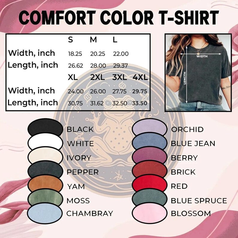 Puede incluir: Gr&aacute;fico de una camiseta Comfort Color con opciones de tallas y colores. La tabla de tallas enumera el ancho y el largo en pulgadas para las tallas S a 4XL. Las opciones de color incluyen negro, blanco, marfil, pimienta, &ntilde;ame, musgo, chambray, orqu&iacute;dea, azul vaquero, baya, ladrillo, rojo, abeto azul y flor.